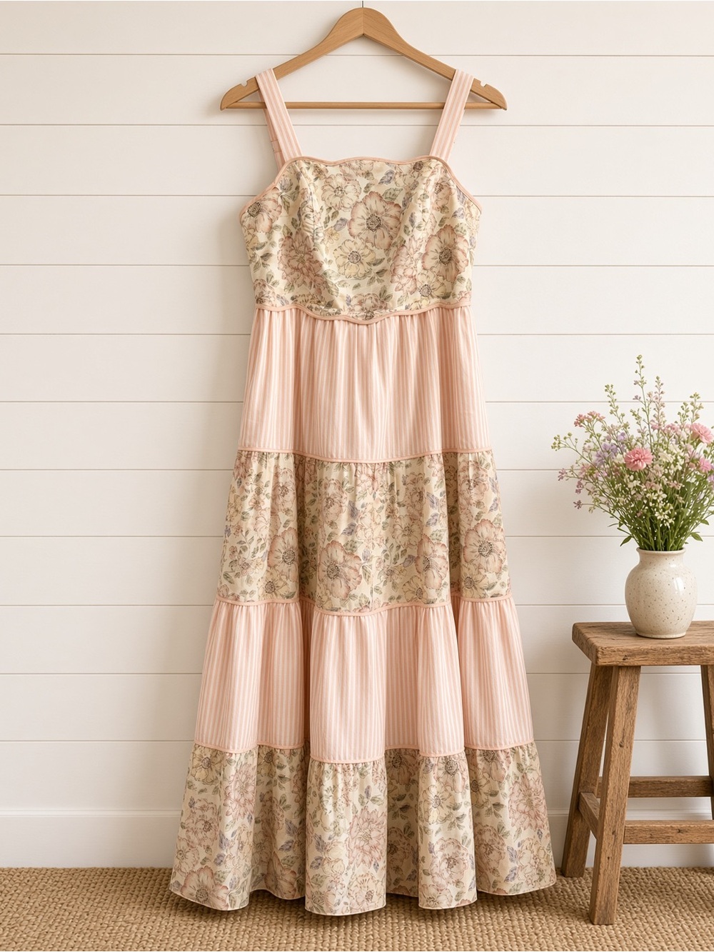 Dreamy Ideal Florals And Stripes Tiered Midi Dress Small